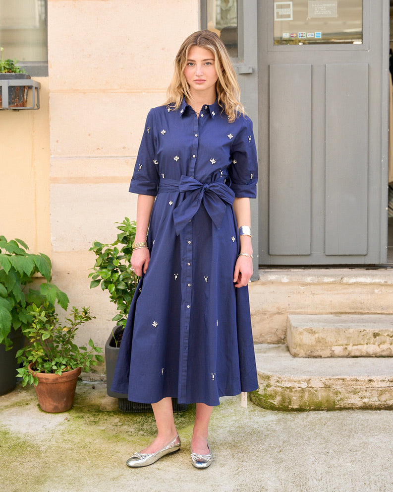 Gia - Crystal Embroidered Shirt Dress - Navy