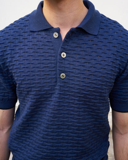 Peter-Textured Knit Polo Shirt-Navy Blue