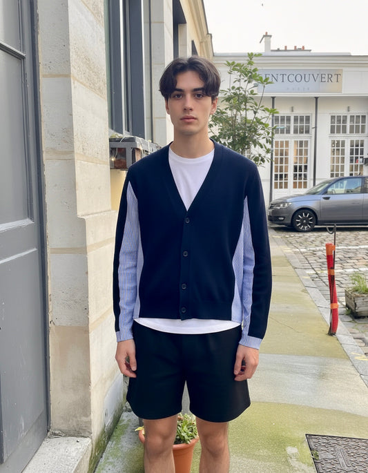 Calum - Hybrid Knit–Shirt Cardigan in Navy & Blue-White Stripe - Men