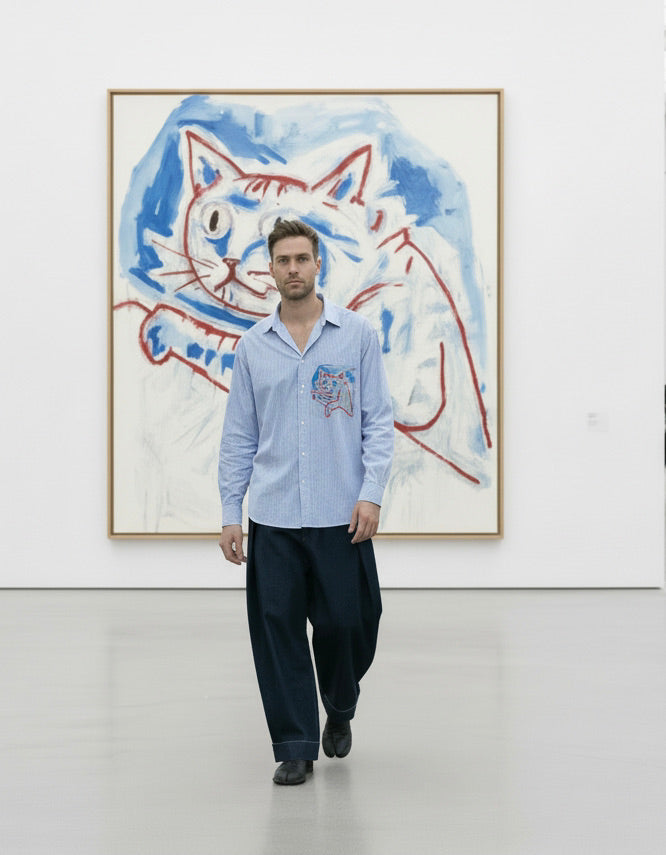 Chad - Cat Print Oversized cotton Shirt - Fine blue stripe