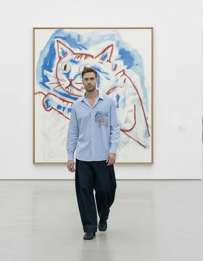Chad - Cat Print Oversized cotton Shirt - Fine blue stripe