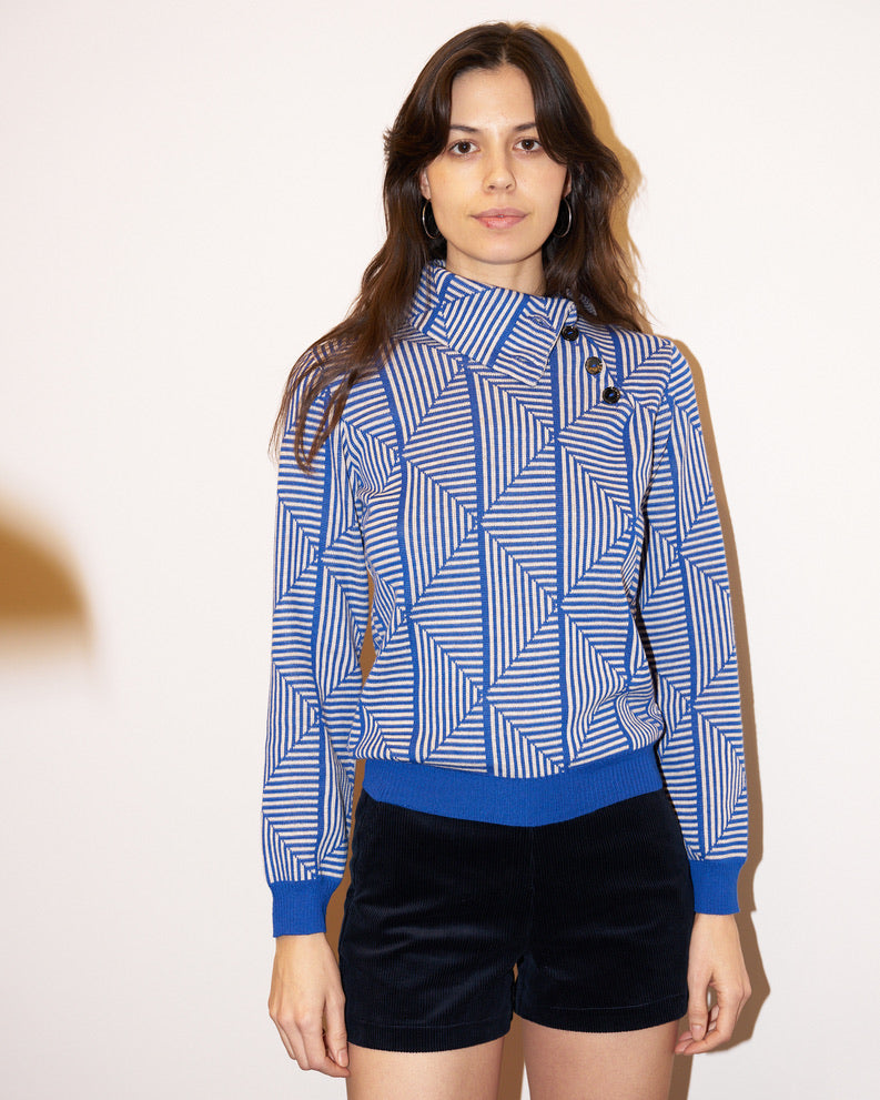 Lhara - Geometric Jacquard Turtle Neck Sweater - Blue