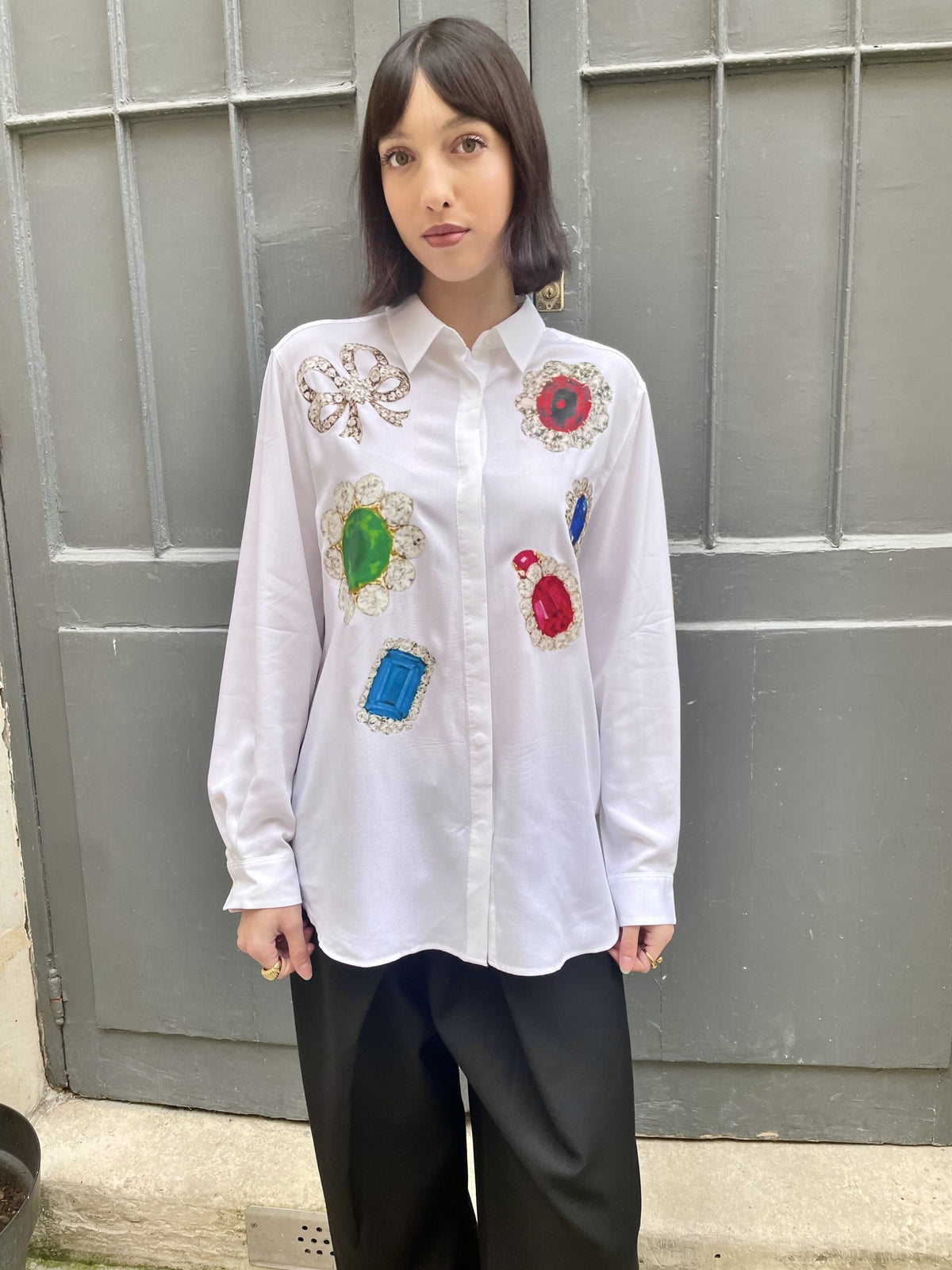 Adan - Jewel Print Oversized Silk Shirt - white