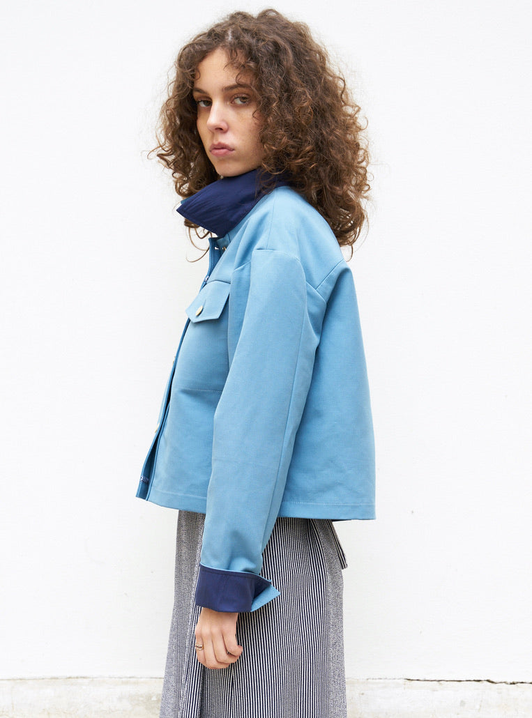 Mira-Cropped Cotton Crepe Jacket-Sky Blue