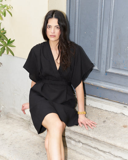 Dessa Modern Kimono style short Dress-Black