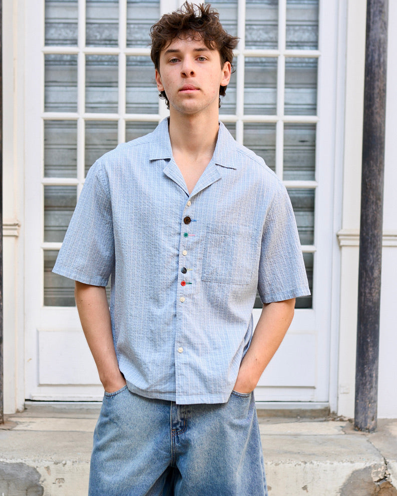 Babala - Seersucker Crop Shirt with Mismatched Vintage Buttons