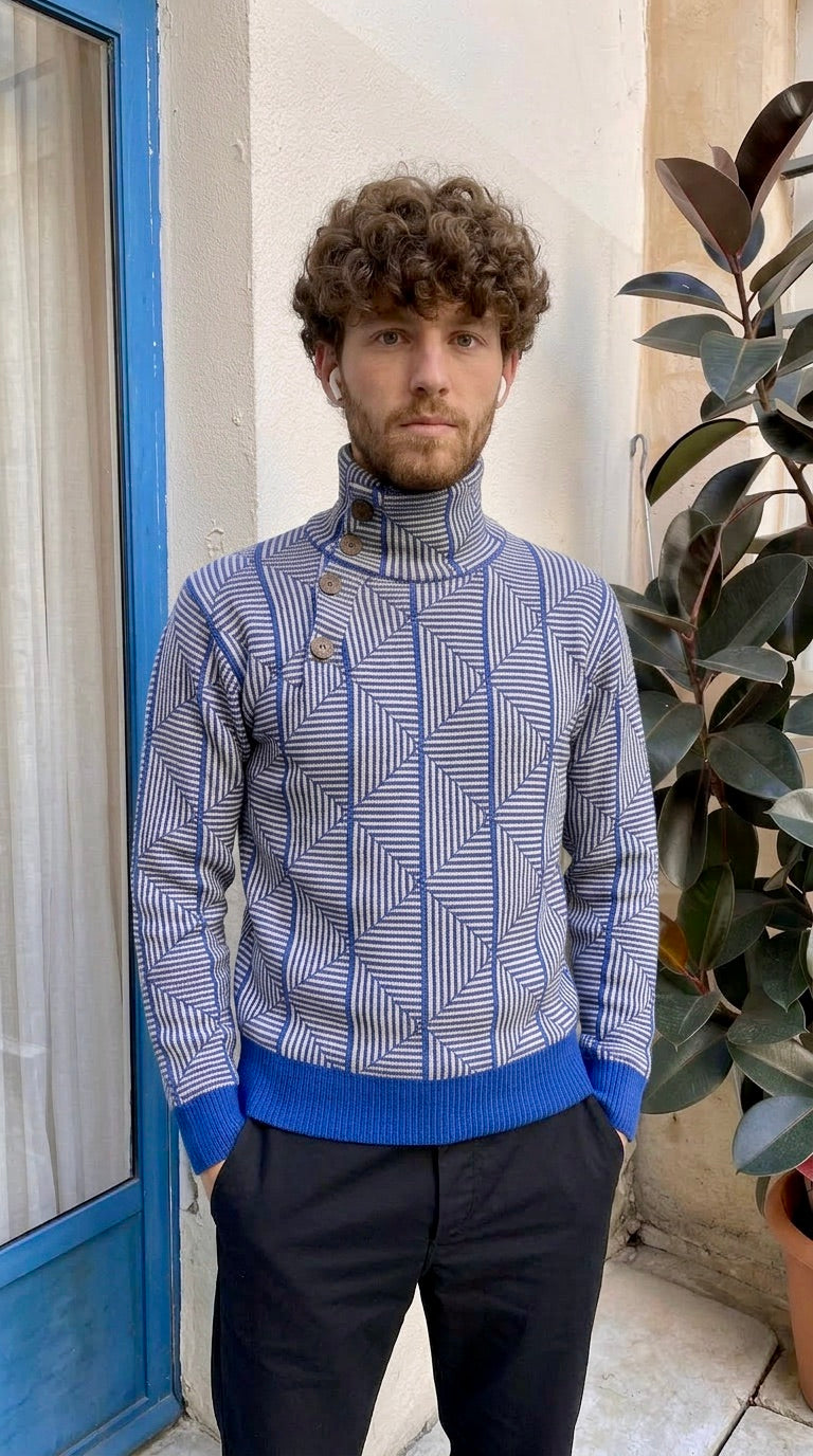 Loras - Geometric Jacquard Turtle Neck Sweater - Blue