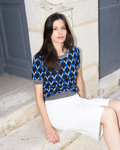 Meera-Graphic Jacquard Sweater With Short Sleeves-Blue/Cream/Black