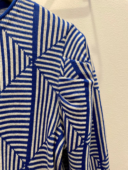 Loreza - Puff Sleeve Geometric Jacquard Sweater - Blue/Ecru