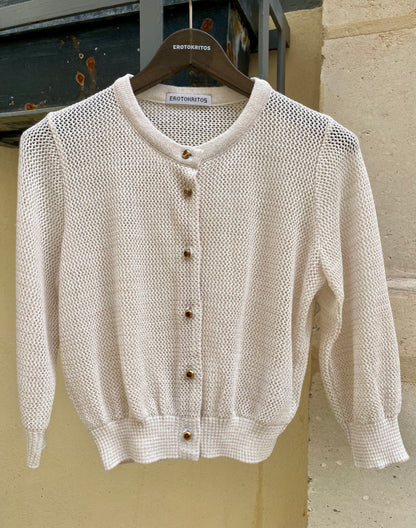 Orfea-Mesh Knit Crop Cardigan-Metallic Off White