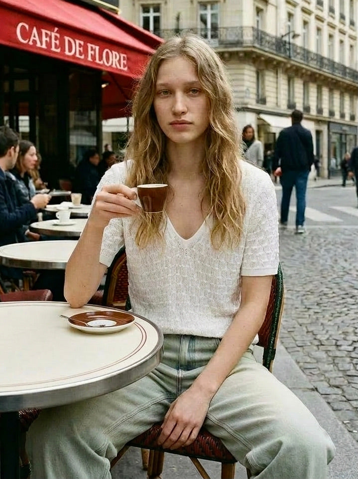 Selma - Textured V-Neck Cropped Sweater - White