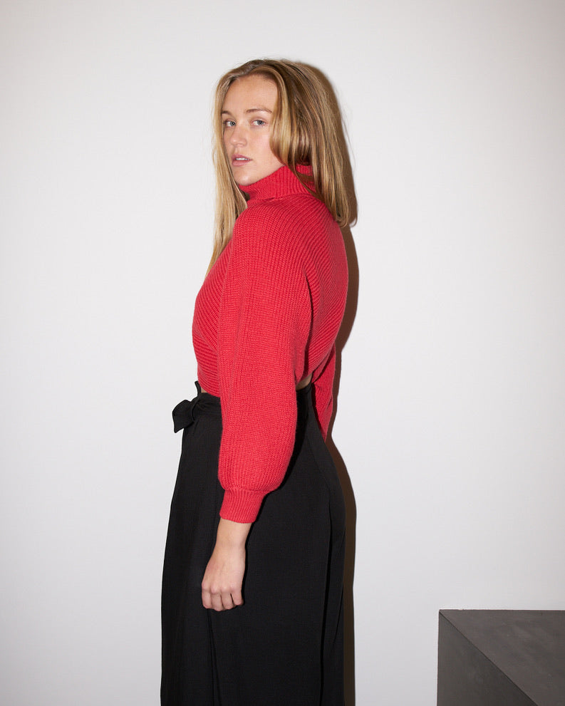 Ava - Crop Knit Petal Turtle Neck Sweater - Red