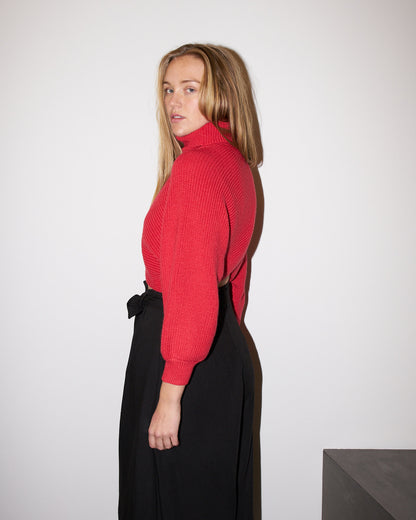 Ava - Crop Knit Petal Turtle Neck Sweater - Red