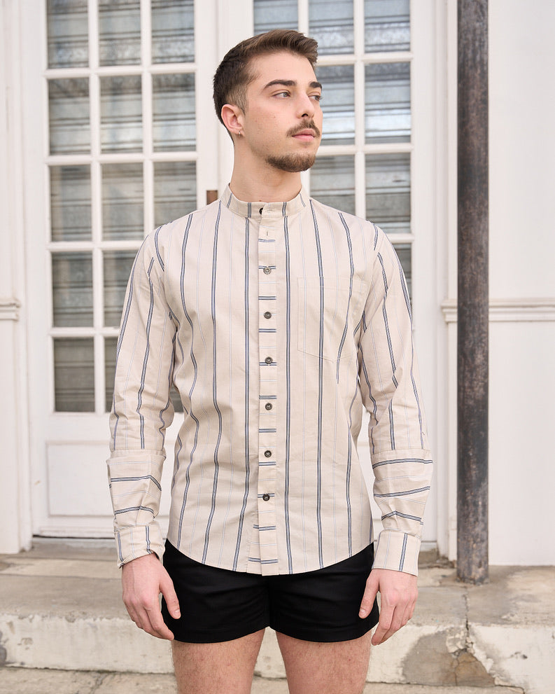 Remi - Mandarin Collar Stripe Poplin Shirt - Beige, white, navy