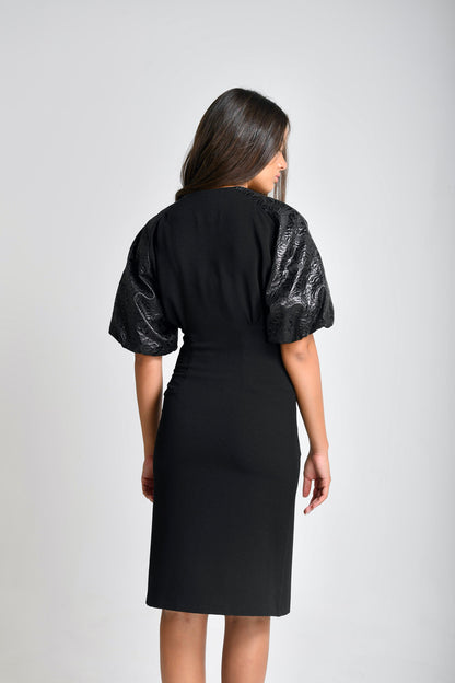 Talia - Constructed Crepe Dress with Brocade Balloon sleeves