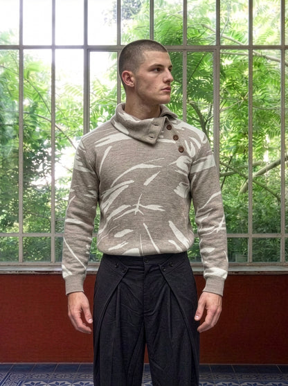 Loras - Paintbrush Jacquard Button - Neck Sweater