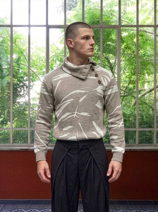 Loras - Paintbrush Jacquard Button - Neck Sweater