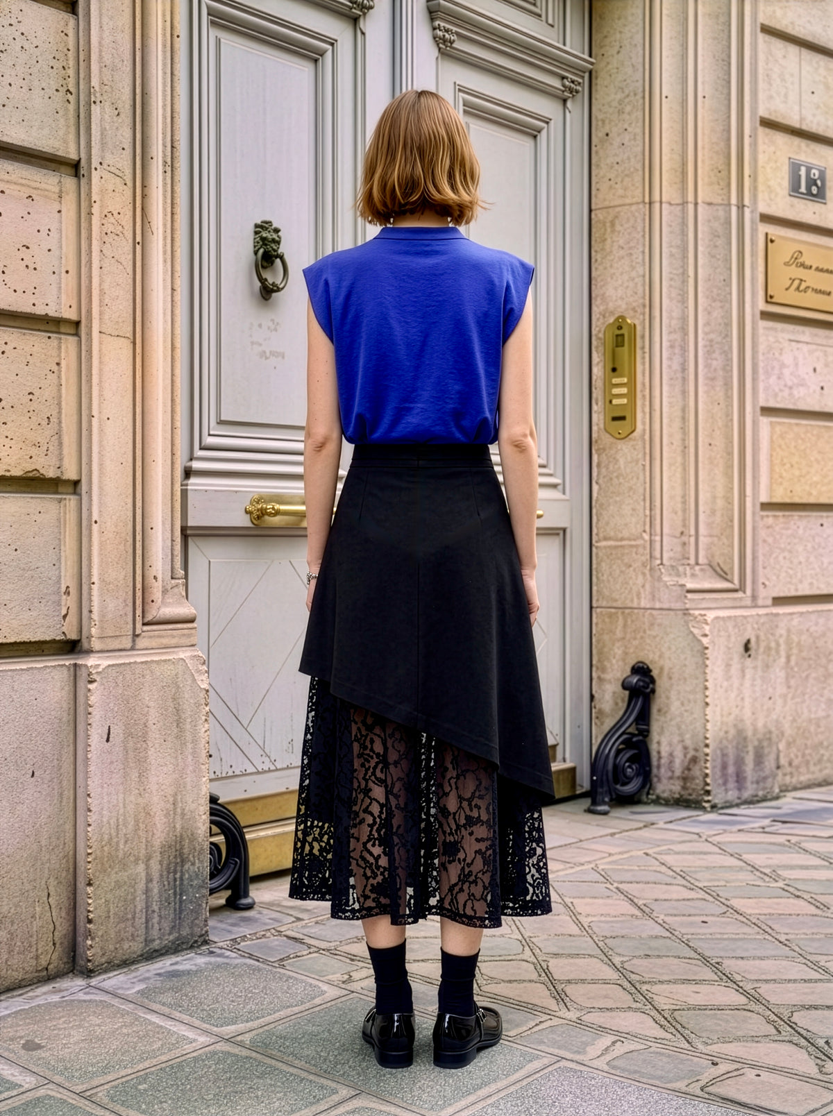 Kenzy - Asymmetric Skirt with Dévoré Lace Insert