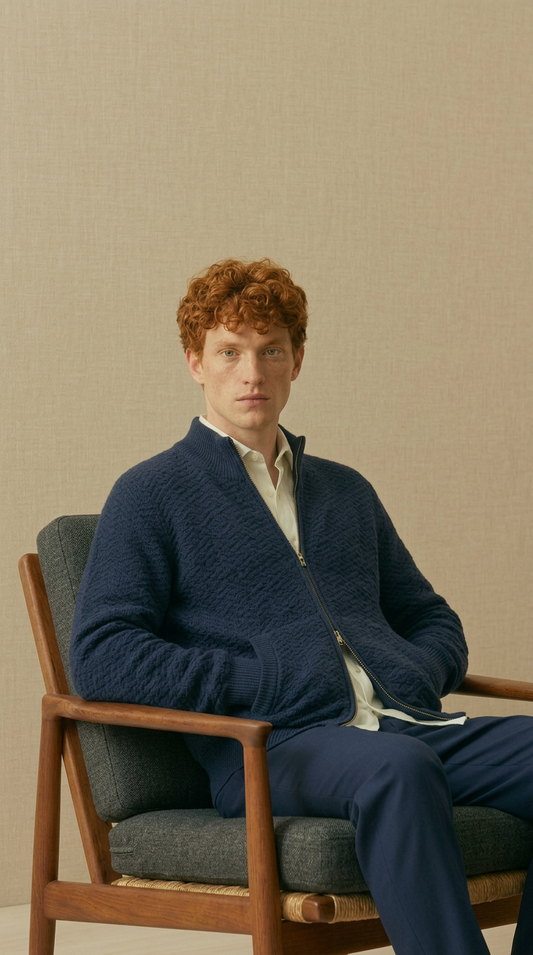 Dorian - Textured Knit Zip Jacket - Navy