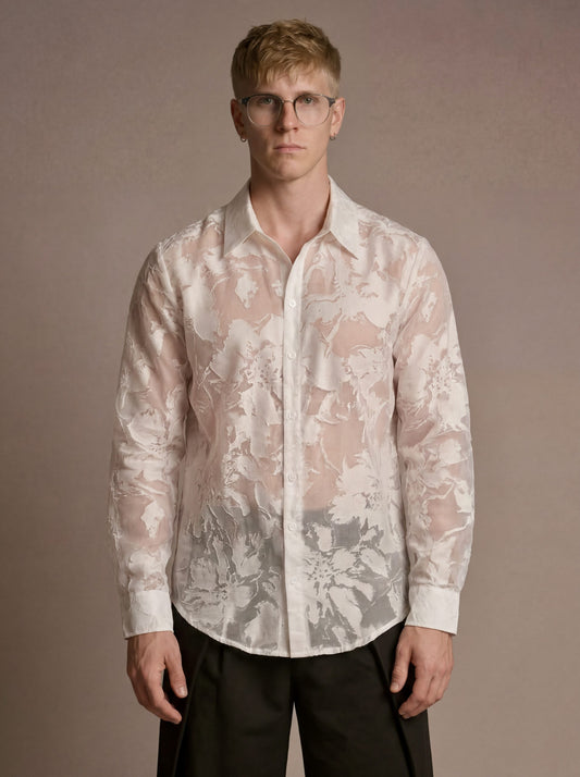 Wim - Sheer Floral Jacquard Silk-Blend Organza Shirt - white