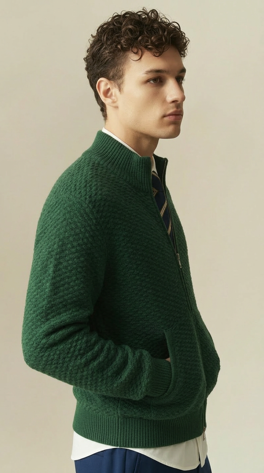 Dorian - Textured Knit Zip Jacket - Green