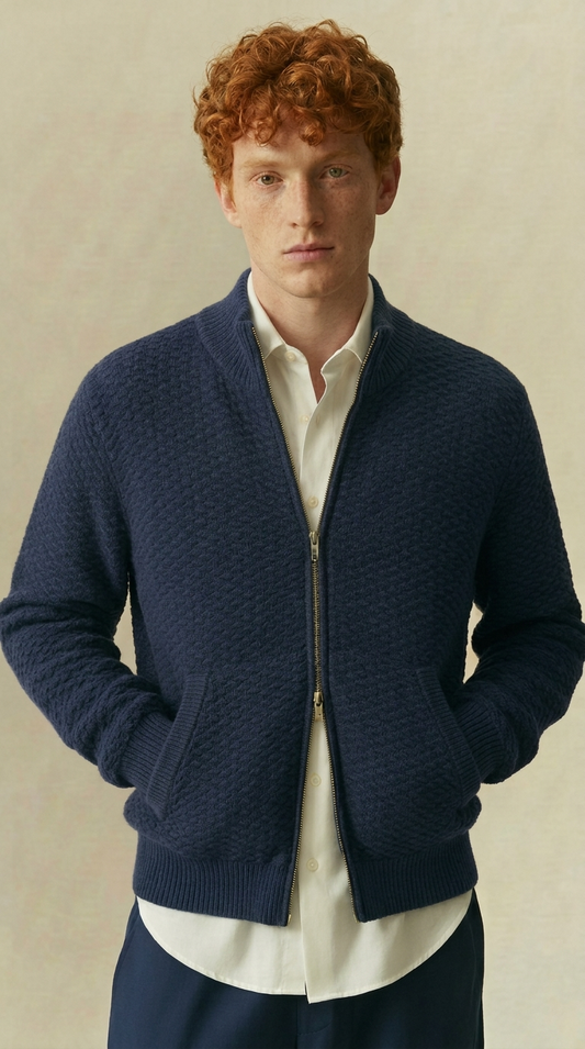 Dorian - Textured Knit Zip Jacket - Navy