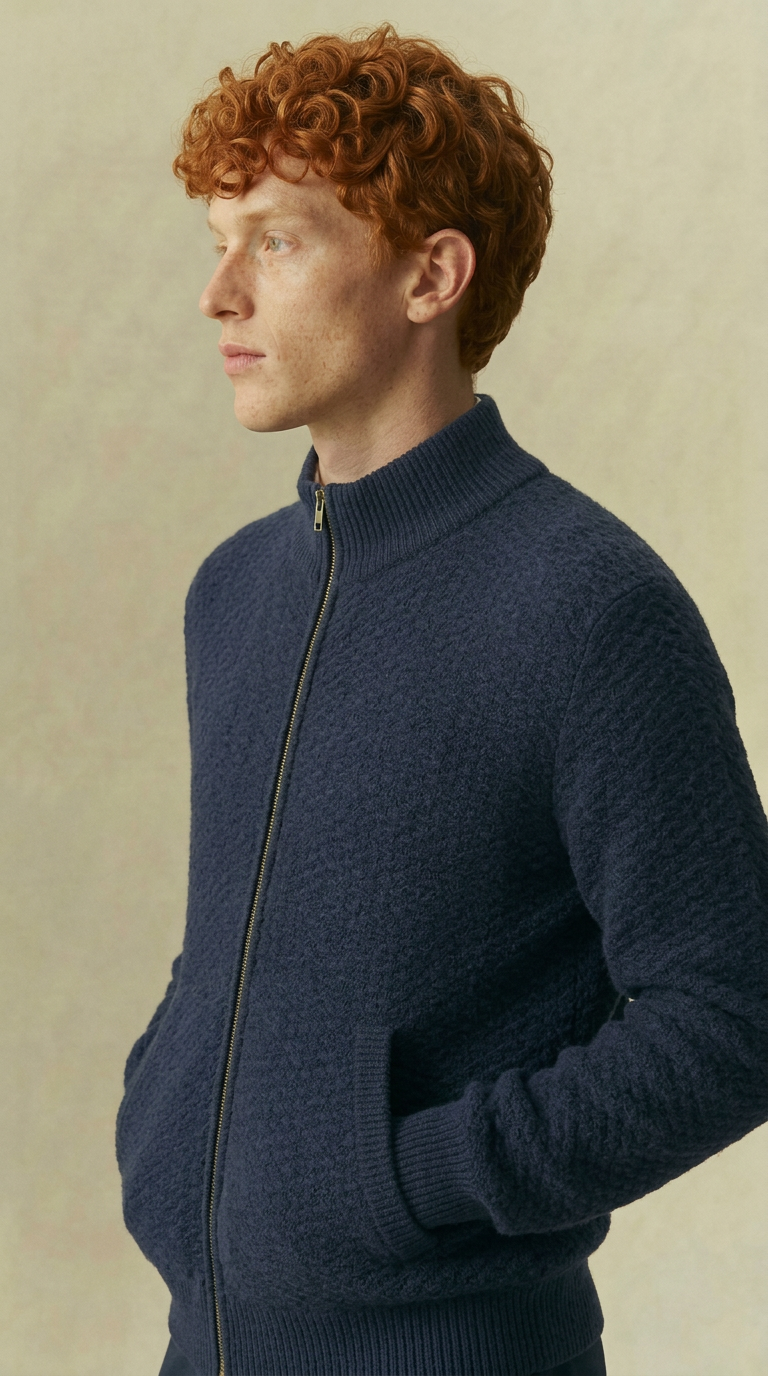 Dorian - Textured Knit Zip Jacket - Navy