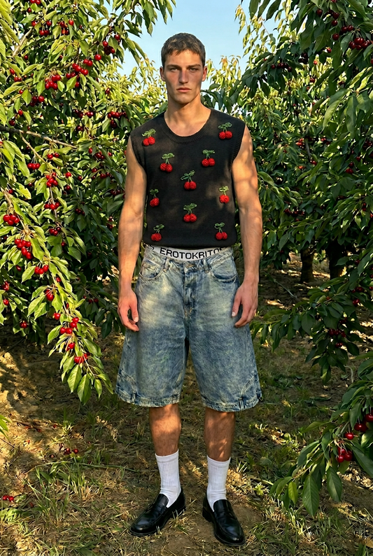 'Cherry' - Sleeveless 3D Cherry Pin Knit Vest - Man
