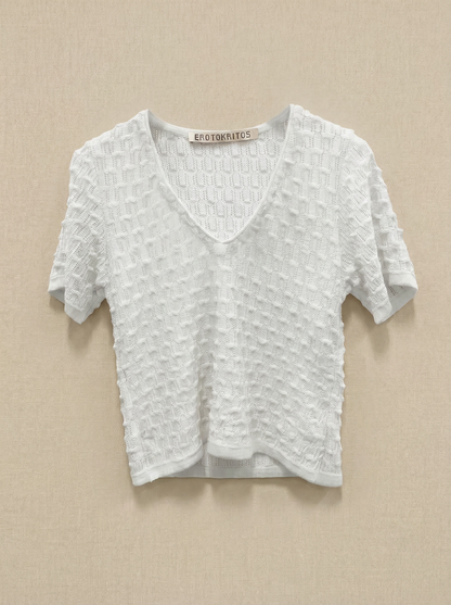 Selma - Textured V-Neck Cropped Sweater - White