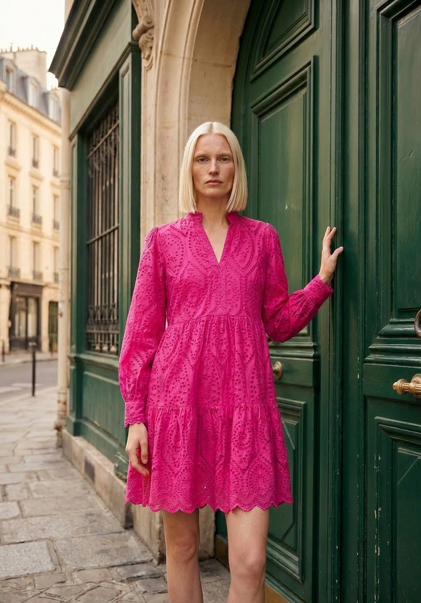 Maddy - Cotton Lace Mini Dress - Fuchsia