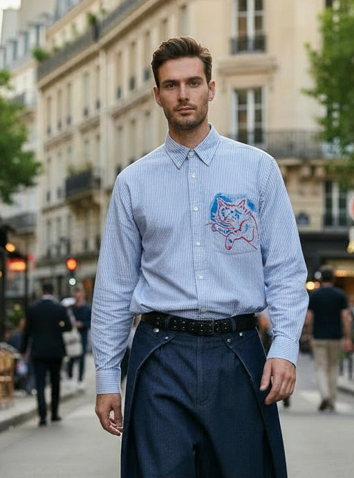 Chad - Cat Print Oversized cotton Shirt - Fine blue stripe