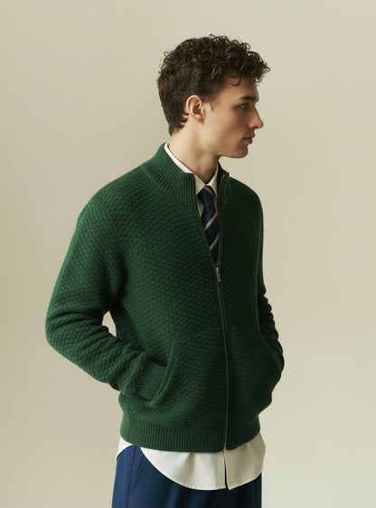 Dorian - Textured Knit Zip Jacket - Green
