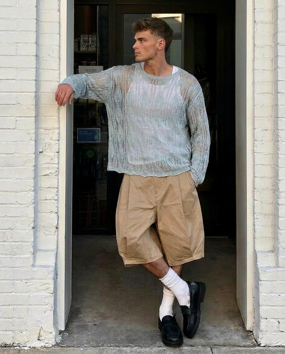 Jamie - Open Knit long sleeve sweater - Dusty Blue