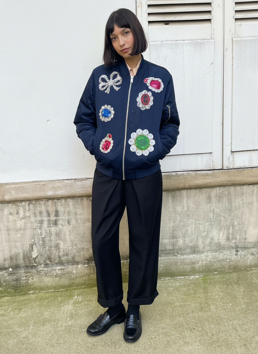 Jason - Aviator Puffer Jacket with Jewel Print — Navy Blue