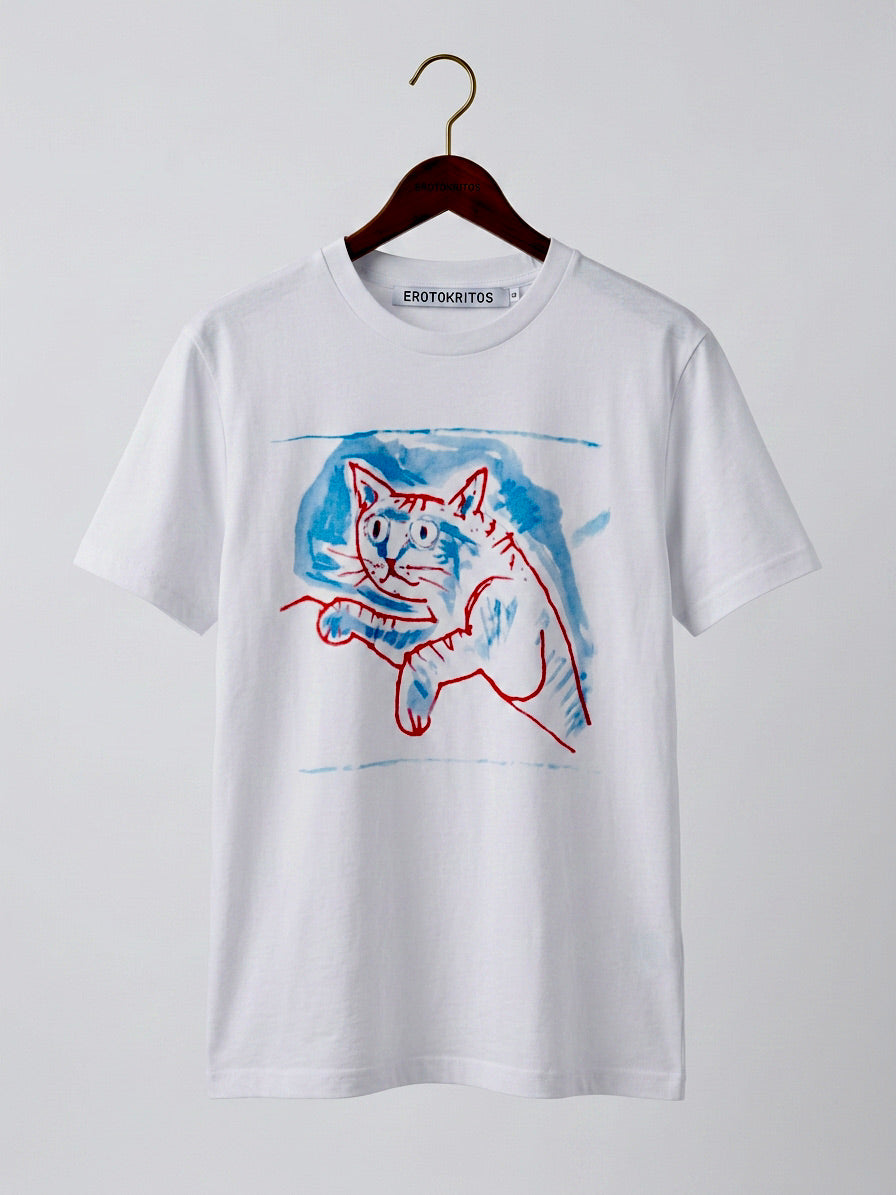 Colin - Contemporary Art Cat Print T-Shirt - White