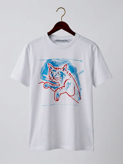 Colin - Contemporary Art Cat Print T-Shirt - White