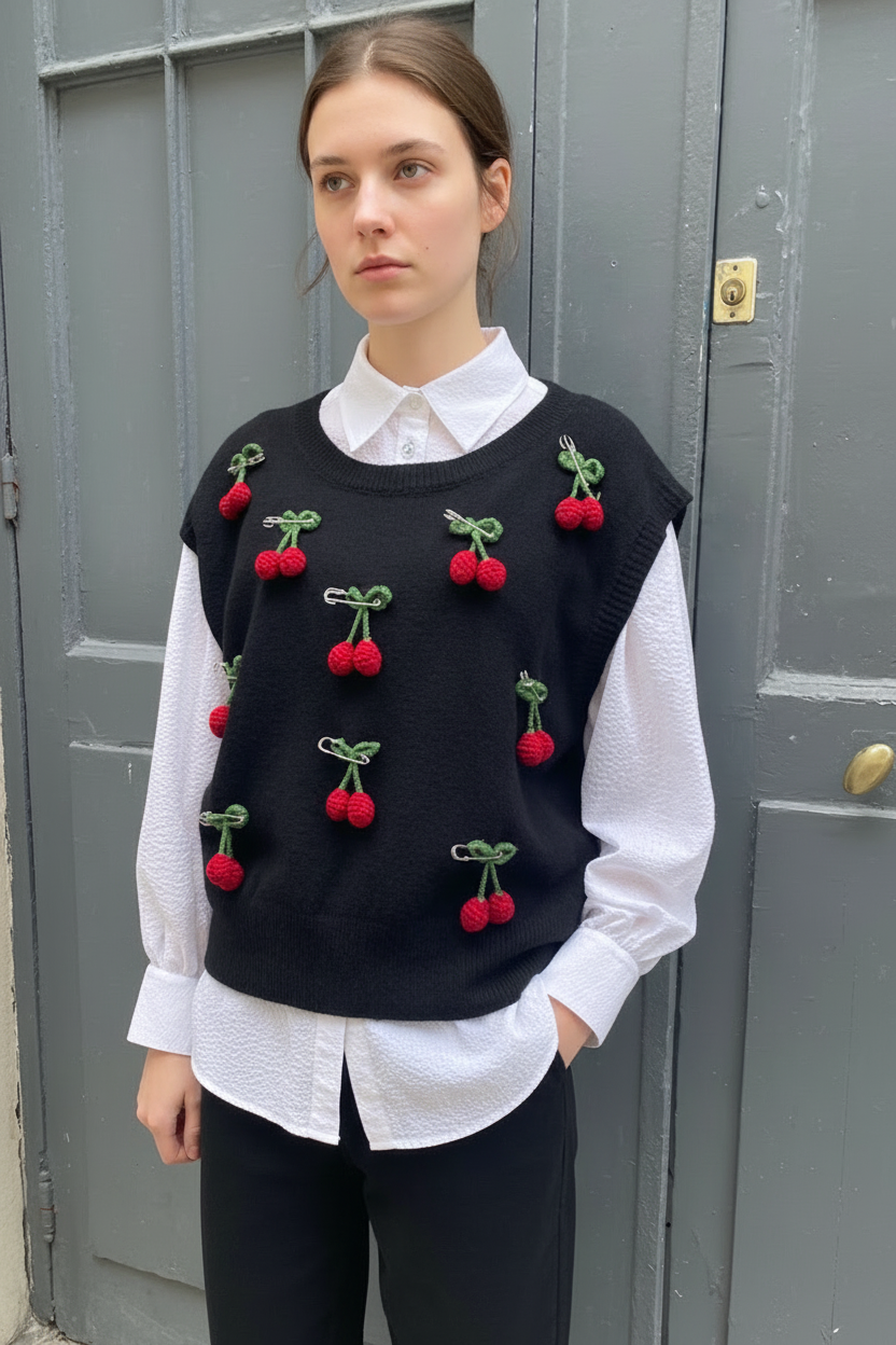 'Cherry' - Sleeveless 3D Cherry Pin Knit Vest