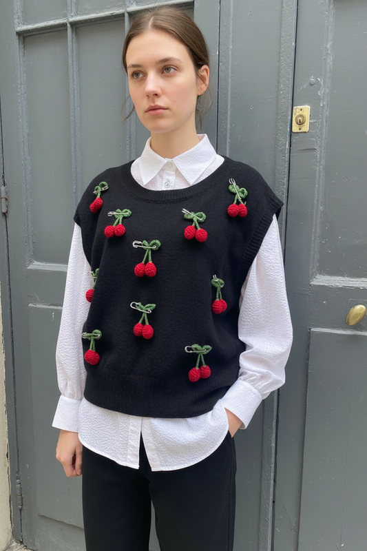 'Cherry' - Sleeveless 3D Cherry Pin Knit Vest