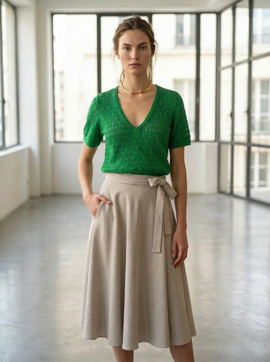 Selma - Textured V-Neck Cropped Sweater - Grass Green
