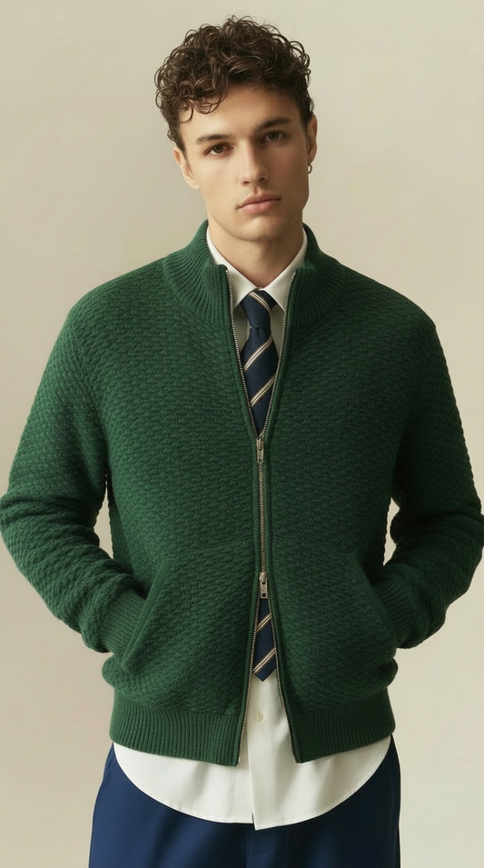Dorian - Textured Knit Zip Jacket - Green