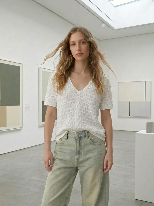 Selma - Textured V-Neck Cropped Sweater - White