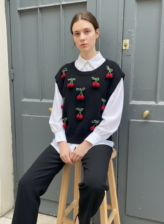 'Cherry' - Sleeveless 3D Cherry Pin Knit Vest
