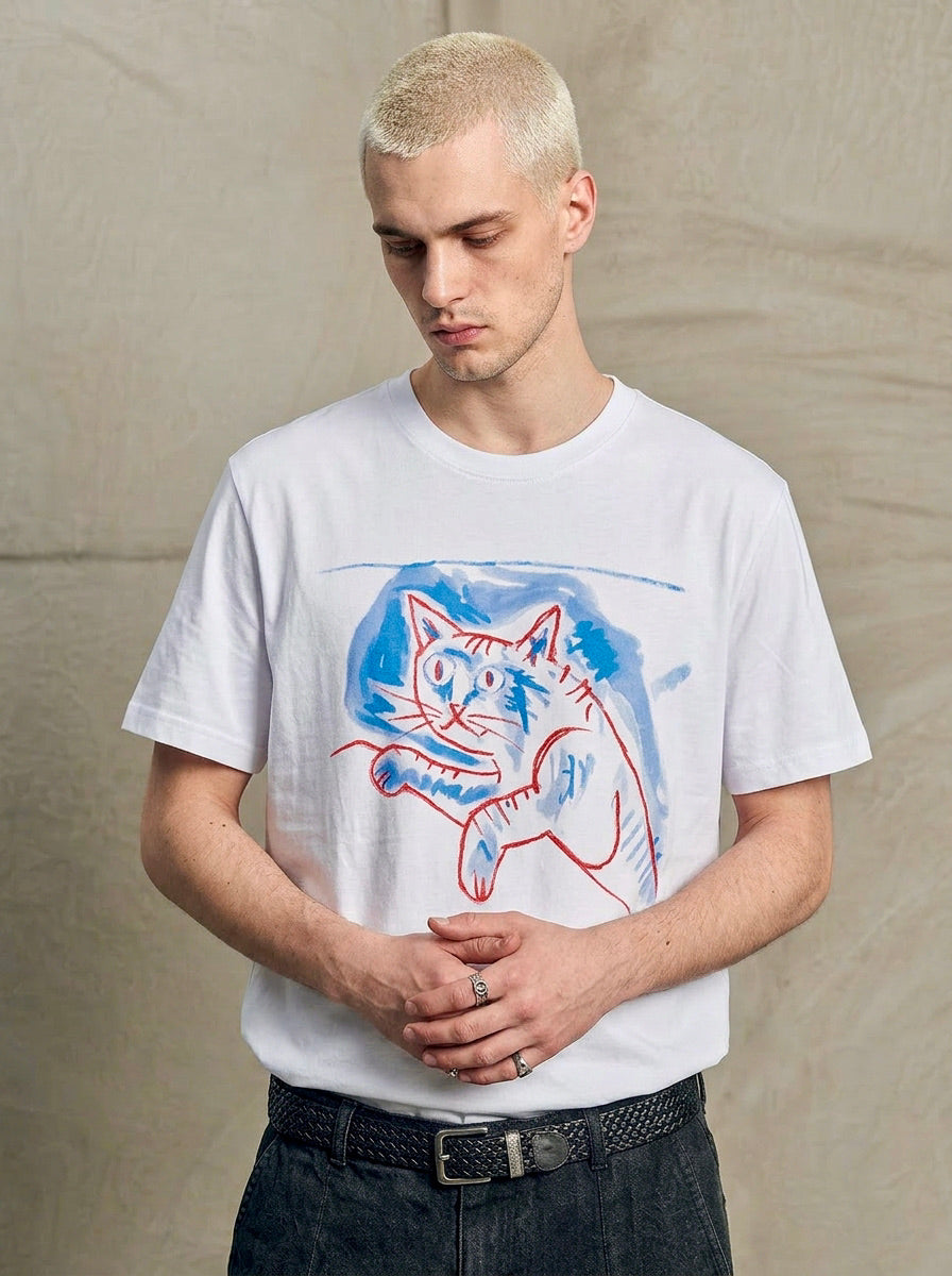 Colin - Contemporary Art Cat Print T-Shirt - White
