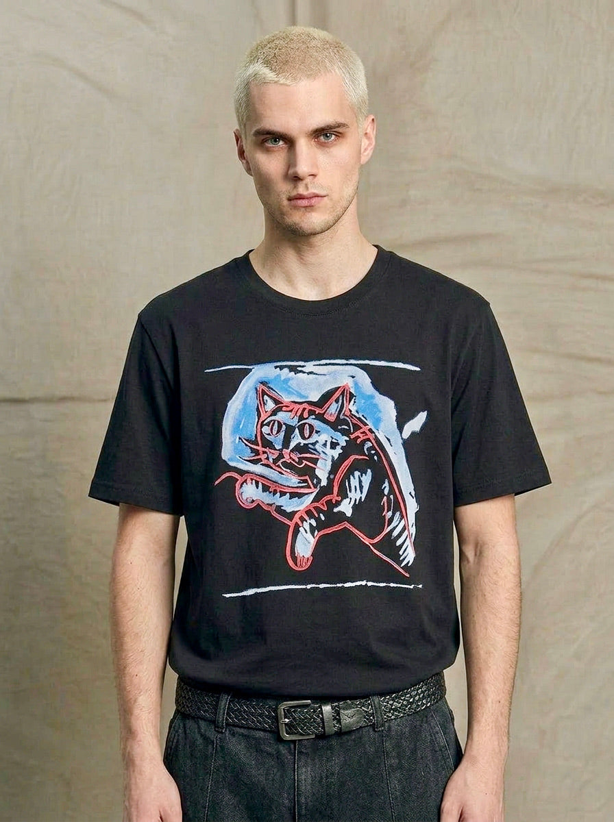 Colin - Contemporary Art Cat Print T-Shirt - Black