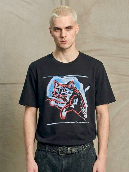 Colin - Contemporary Art Cat Print T-Shirt - Black
