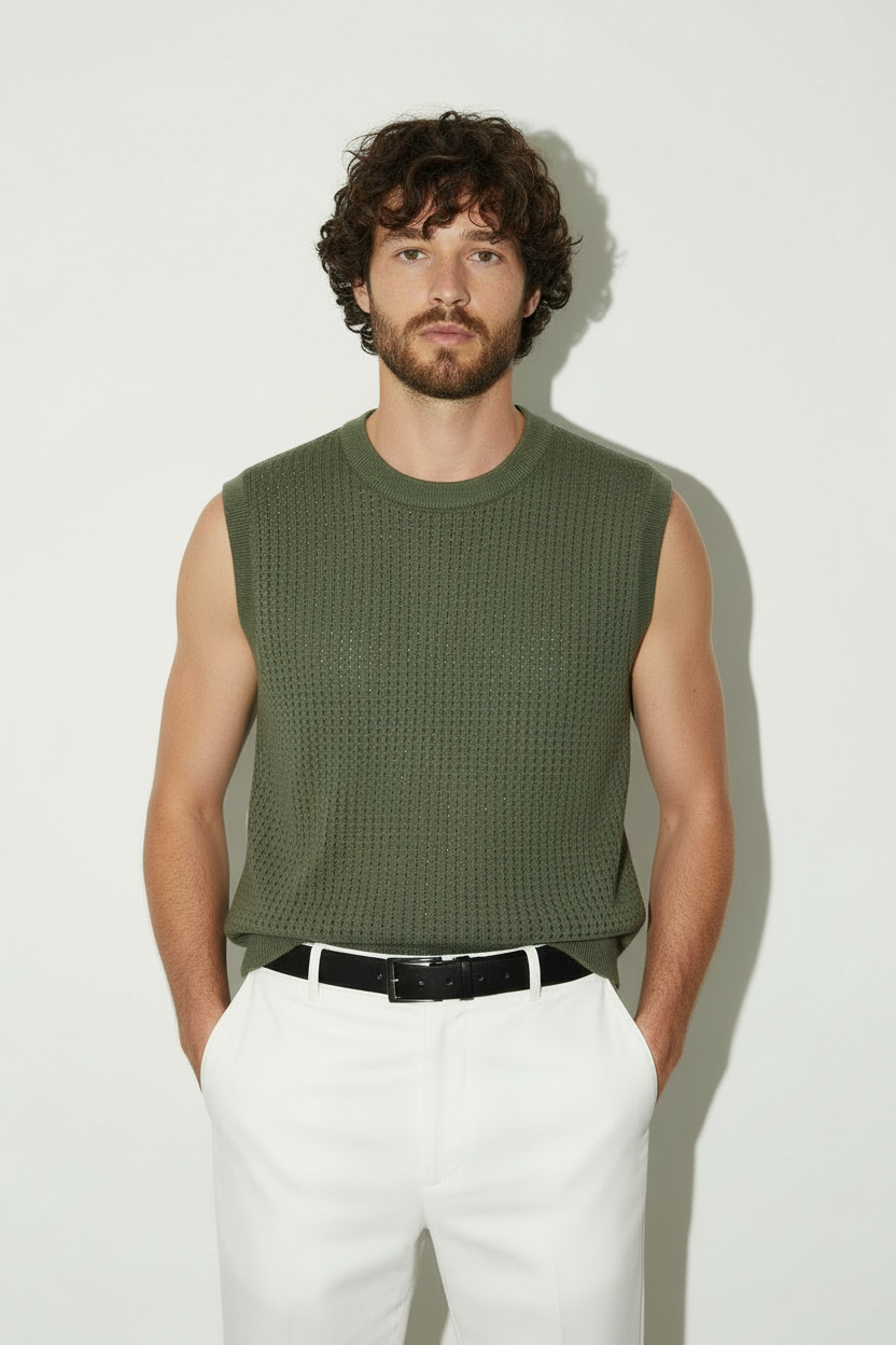 Pan - Sleeveless olive green knitted vest - Men