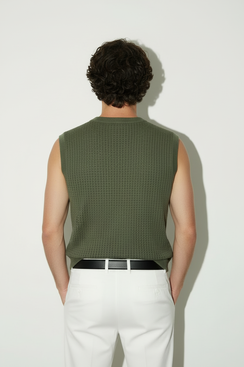 Pan - Sleeveless olive green knitted vest - Men
