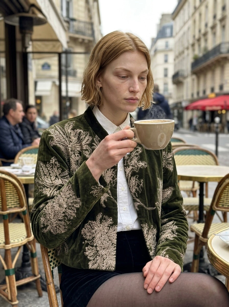 Anok - Olive Embroidered Velvet Jacket
