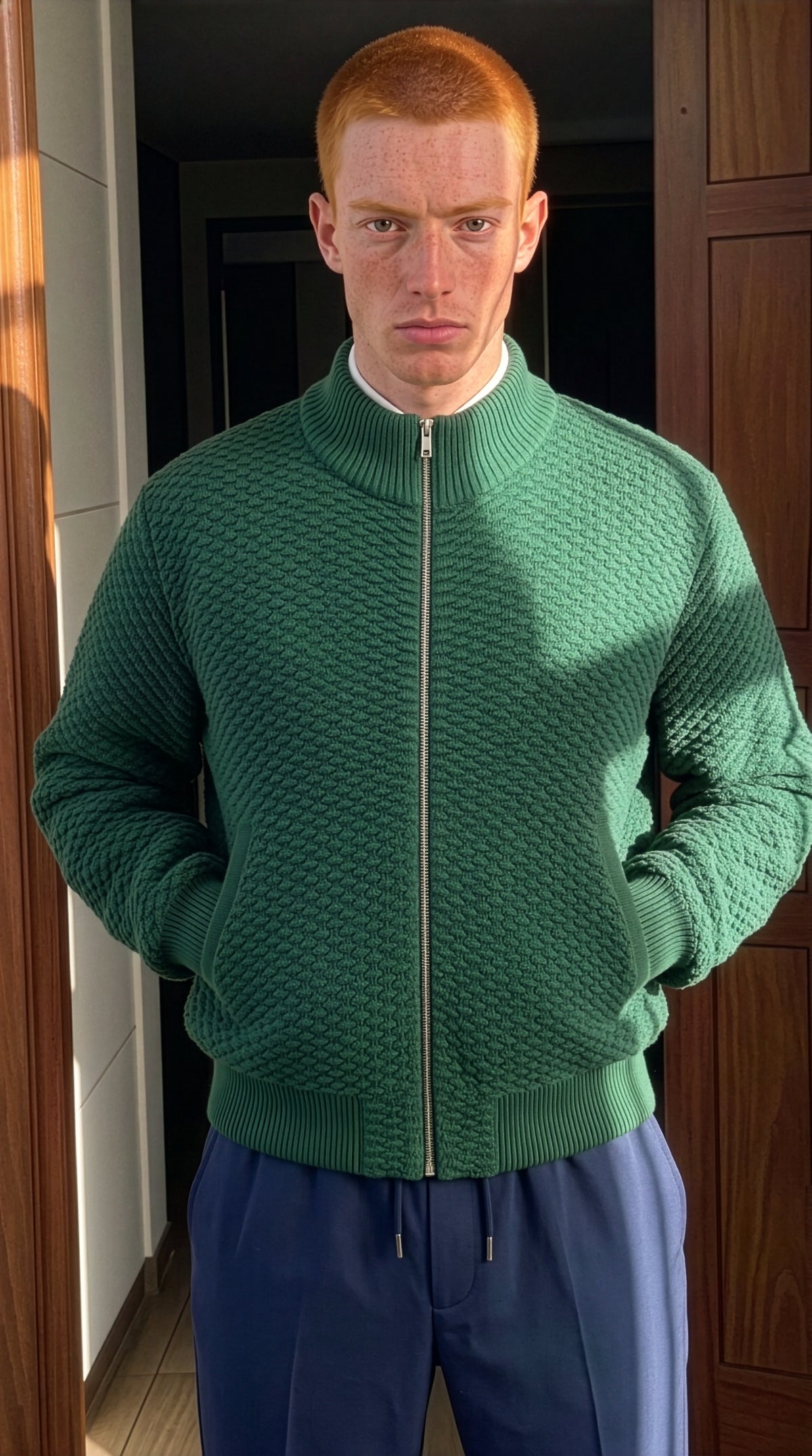 Dorian - Textured Knit Zip Jacket - Green