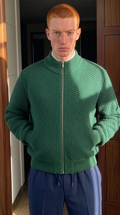 Dorian - Textured Knit Zip Jacket - Green